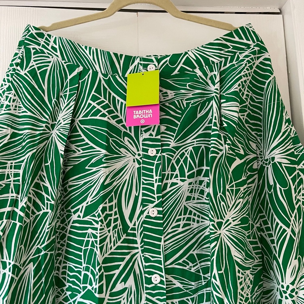 Tabitha Brown Green Linear Botanical Print Button Down Maxi Skirt
